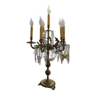 1930s Huge Heave Antique Fancy Brass Art Nouveau Lamp Crystal Prisms , Crystal Chain 6 Lights Adorned With Angel Wings For Sale