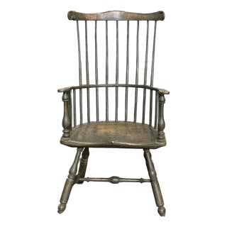 Mid 20th Century Eldred Wheeler Green Fan Back Carved Windsor Arm Chair Bench Made New Hampshire For Sale