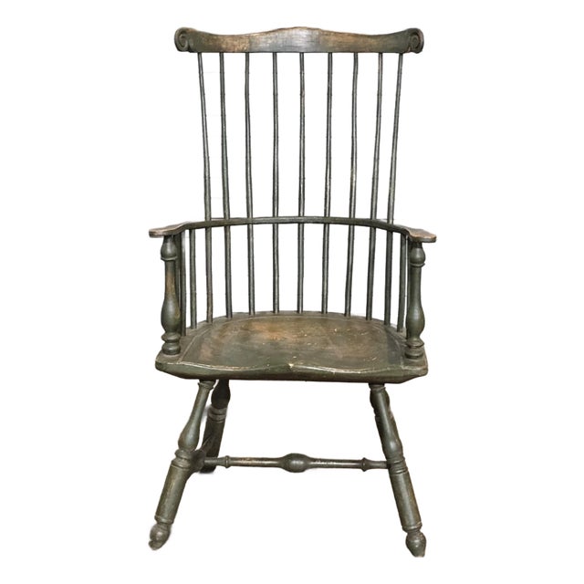 Mid 20th Century Eldred Wheeler Green Fan Back Carved Windsor Arm Chair Bench Made New Hampshire For Sale