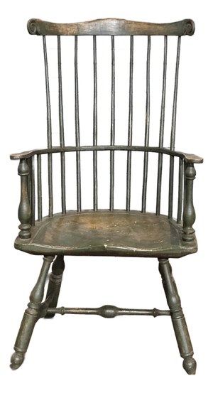 Mid 20th Century Eldred Wheeler Green Fan Back Carved Windsor Arm Chair Bench Made New Hampshire