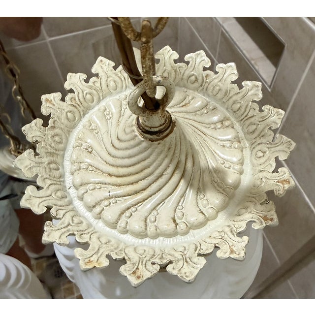 1960s 1960s Hollywood Regency Mid Century Swag Two-Light Ceiling Fixture - White Frosted Ruffled Drapery Shades For Sale - Image 5 of 12