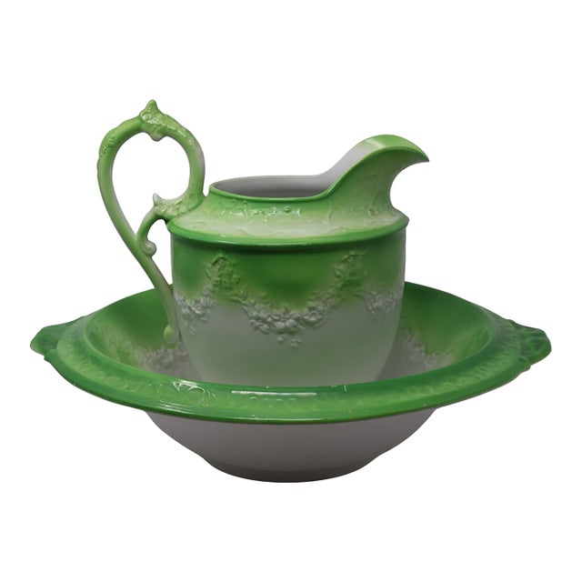 Antique w.h. Grindley Patented Apple-Green Ewer & Basin Set For Sale