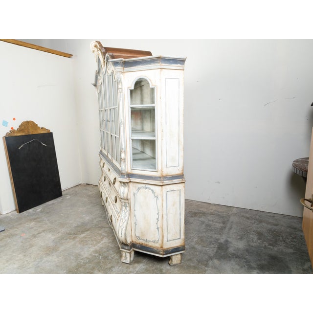 Wood 19th Century Large Rococo Style Painted Wood Dutch Cabinet with Glass Doors and Bombé Chest For Sale - Image 7 of 11
