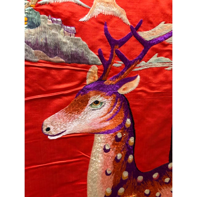 Chinese Vintage Large Chinese Red Silk Hand-Embroidered Deer & Pine Tree Longevity Tapestry - 7' X 3' For Sale - Image 3 of 10