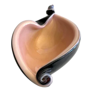 Vintage Mid Century Modernist Barbini Pink & Black Gold Leaf Fleck Murano Art Glass Seashell Bowl