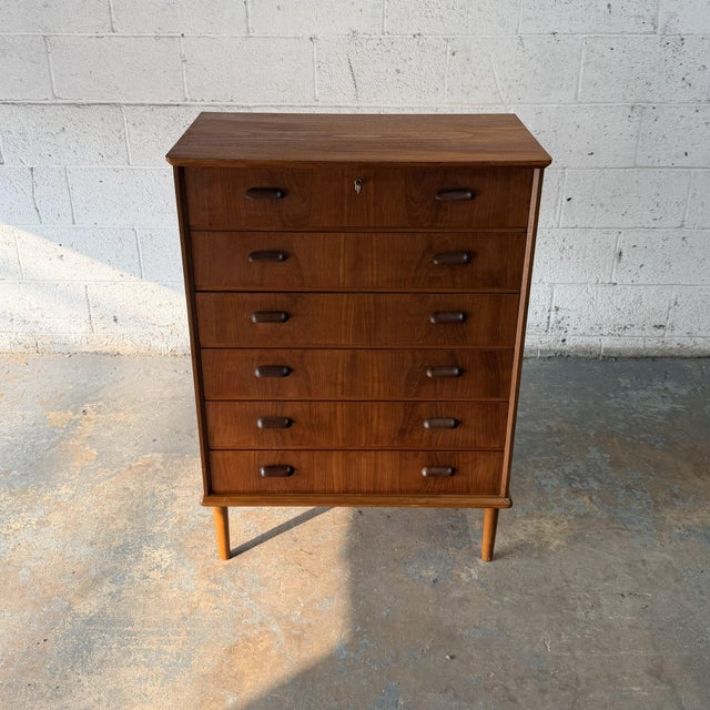 Vintage Danish Modern Teak Tall Chest of Drawers, 6 Drawer Highboy Commode, 1960s For Sale - Image 4 of 8