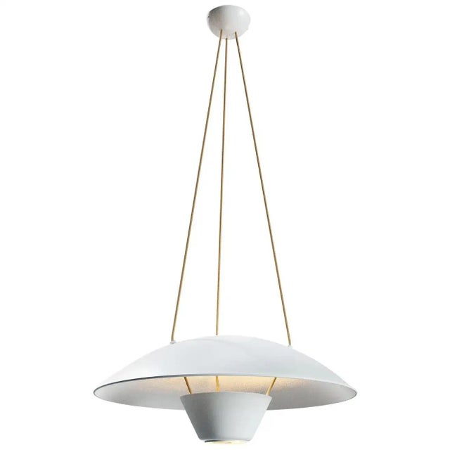 Michel Mortier M4 Suspension Lamp in White for Disderot. Originally designed in 1952, this sculptural lamp is a newly...
