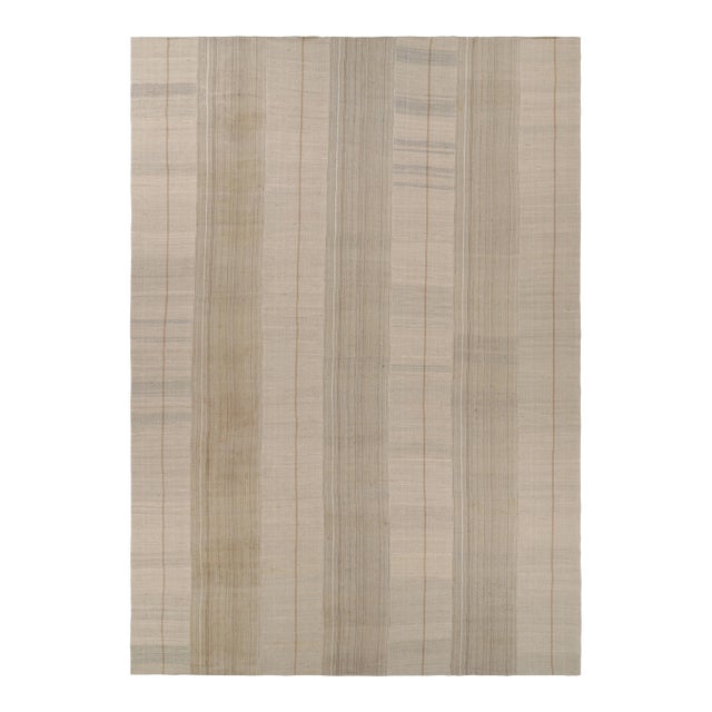 Oversized Vintage Kilim in Beige-Brown and Cream Geometric Stripes - Rug & Kilim For Sale