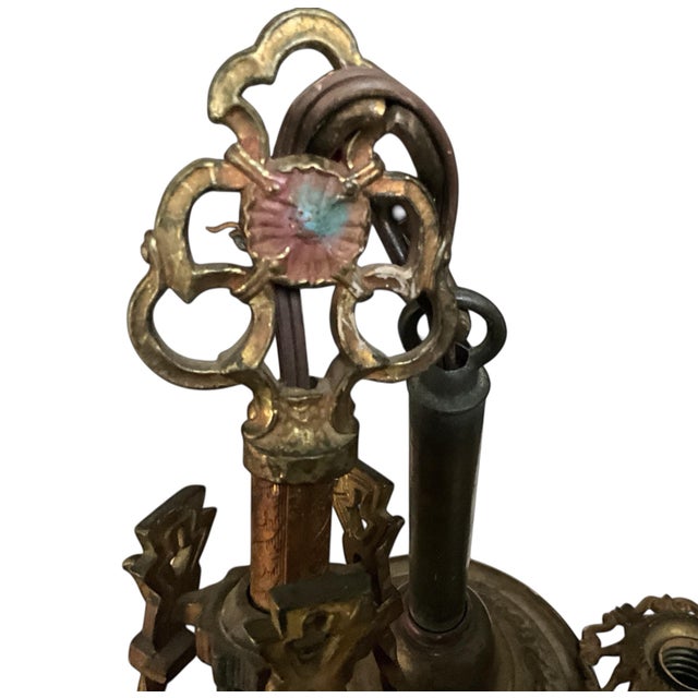 Art Deco 1920s Arts and Crafts, Art Deco Polychrome, Iron and Wood 3 Light Chandelier For Sale - Image 3 of 9