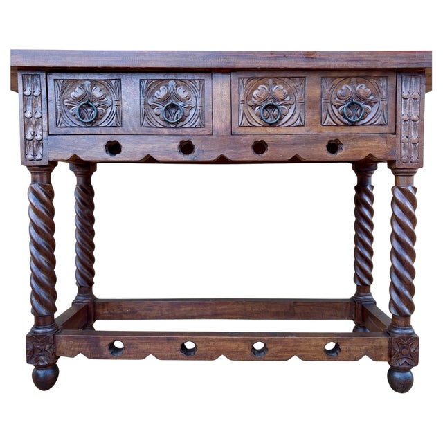 Wood 20th Century Catalan Spanish Carved Wood Console Table For Sale - Image 7 of 14