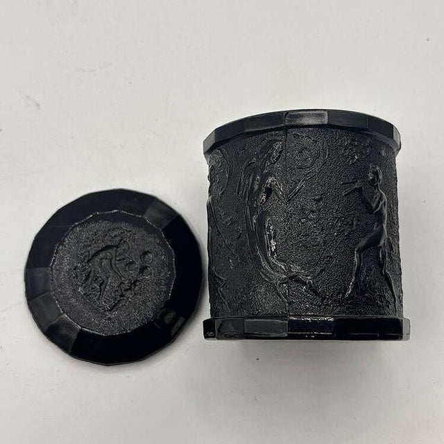 1937 l.e. Smith Dancing Nymphs & Saytr Black Amethyst Glass Canister with Lid For Sale - Image 11 of 11