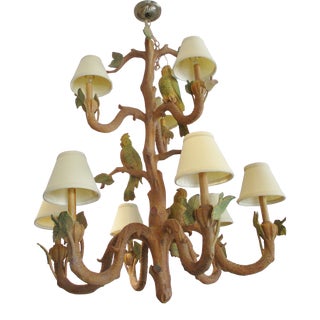 1970s Large Hand Carved Wood Chandelier in Tree Form With Three Parrots For Sale