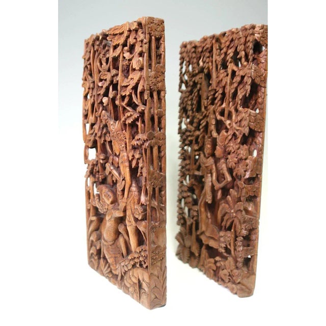 These really have to be seen! Incredible pair of good sized vintage Balinese Carved tablets or wall panels portraying Rama...
