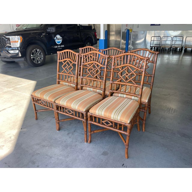 Early 21st Century Fretwork Rattan Dining Chairs by Lexington – Set of 6 | Naples Style, Palm Beach Regency For Sale - Image 5 of 12