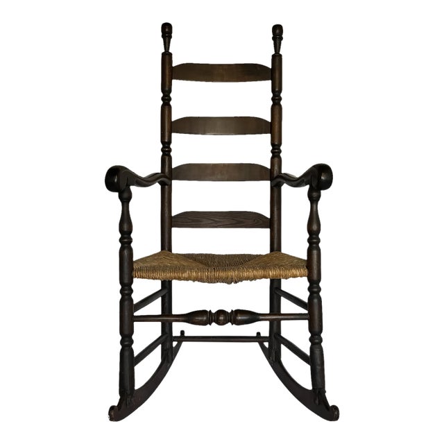 1880s Antique Black Ladder Back Rocking Chair For Sale