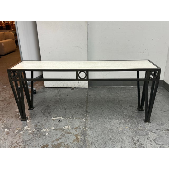 Design Plus Gallery presents a Custom Design Iron + Quartz Stone Console Table. The surface is a natural stone of off-...