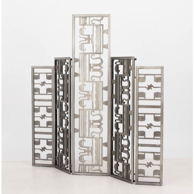 Early 20th Century Art Deco Geometric Openwork Aluminum Five Panel Floor Screen For Sale - Image 5 of 7