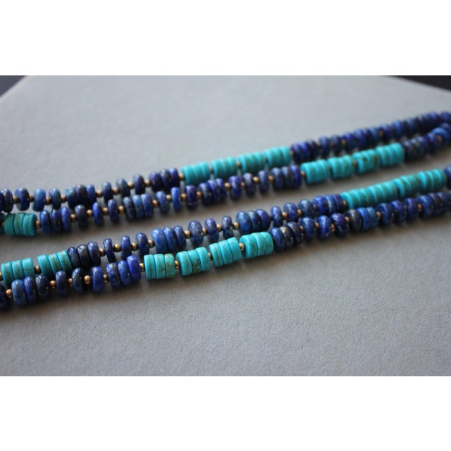 Early 21st Century Blue Lapis Lazuli Turquoise Tumble Beads 14k Yellow Gold Bead Long Necklace For Sale - Image 5 of 10
