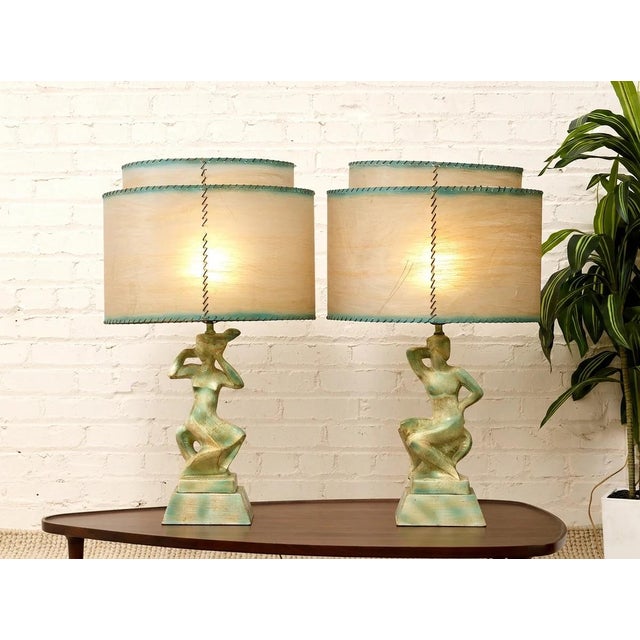 Vintage Figural Table Lamps With Fiberglass Shades - Pair For Sale - Image 4 of 7