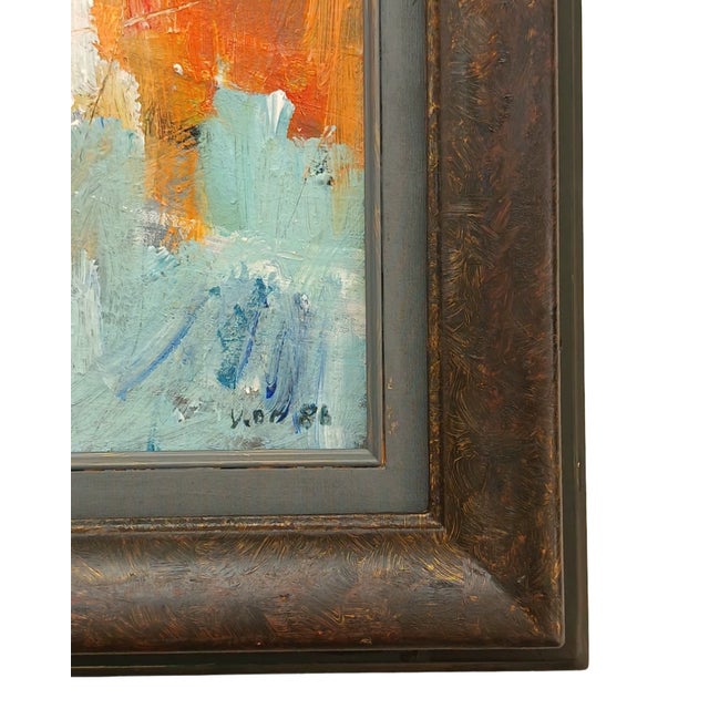 Abstract 1986 Signed Abstract Painting in Blue and Orange With Solid Wood Frame For Sale - Image 3 of 7