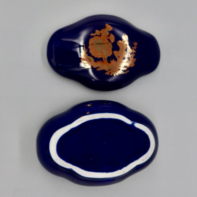 Mid 20th Century Vintage French Limoges Cobalt Blue Trinket Box — Gilt Courting Scene, 20th Century For Sale - Image 5 of 7