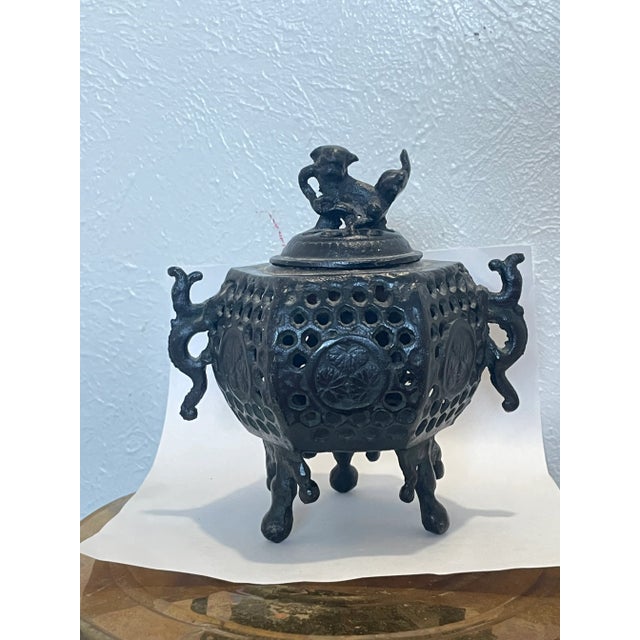 Metal Chinese Brown Foo Dog Lid Floral Bronze Incense Burner For Sale - Image 7 of 7