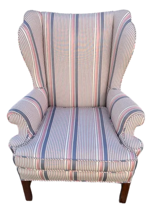 Late 20th Century Uniquely Shaped Pink and Blue Striped Wingback Chair