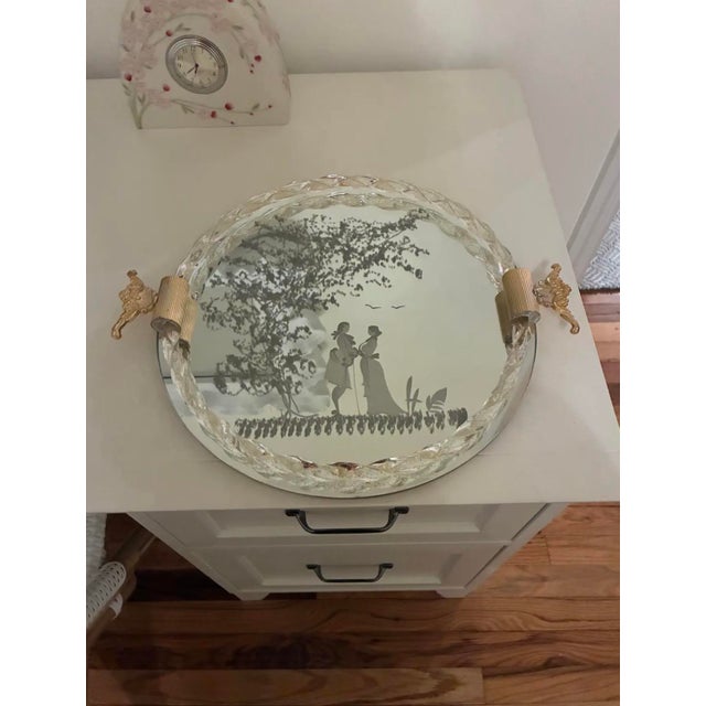 Hollywood Regency Venetian Etched Glass Mirror and Serving Tray For Sale - Image 3 of 7