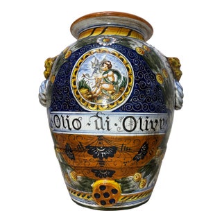 Monumental Antique Hand Painted Italian Majolica Terracotta Pottery Olive Vase For Sale