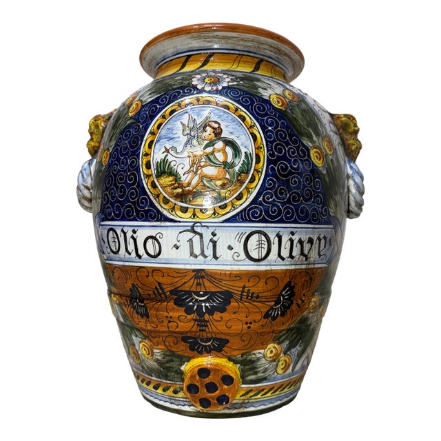Monumental Antique Hand Painted Italian Majolica Terracotta Pottery Olive Vase For Sale