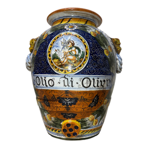 Monumental Antique Hand Painted Italian Majolica Terracotta Pottery Olive Vase