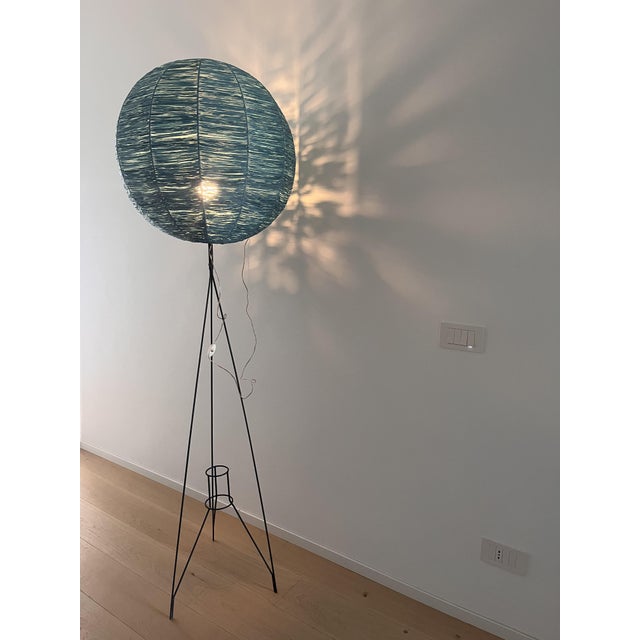 Mid-Century Tripod Floor Lamp with Blue Raffia Shade, 1950s For Sale - Image 9 of 12