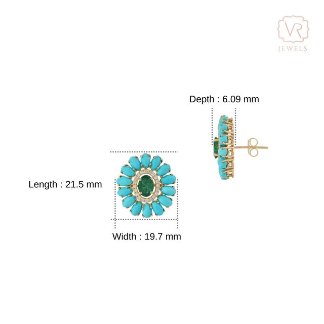 Native American 14k Gold 7.0ct Emerald Turquoise & Diamond Flower Stud Earrings- A Pair For Sale - Image 9 of 14