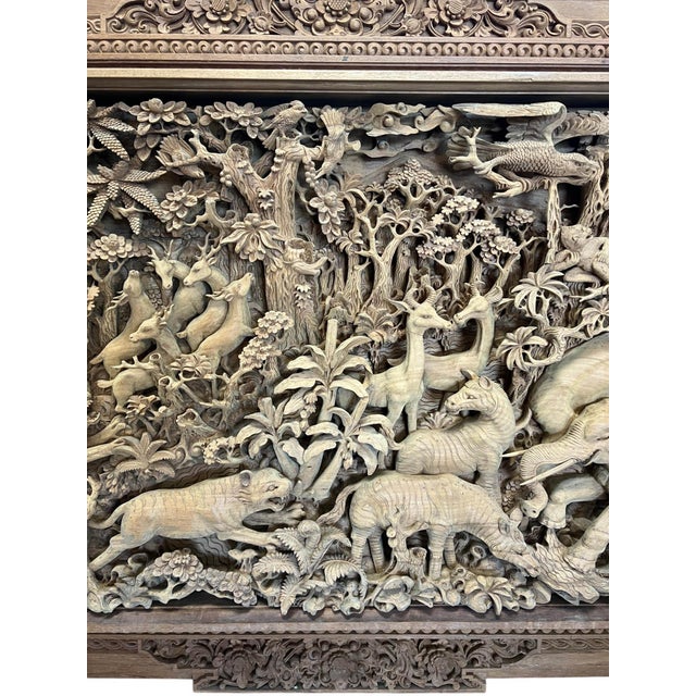 Wood Monumental Indonesian Architectural Carved Teak Relief Wall Panel For Sale - Image 7 of 16