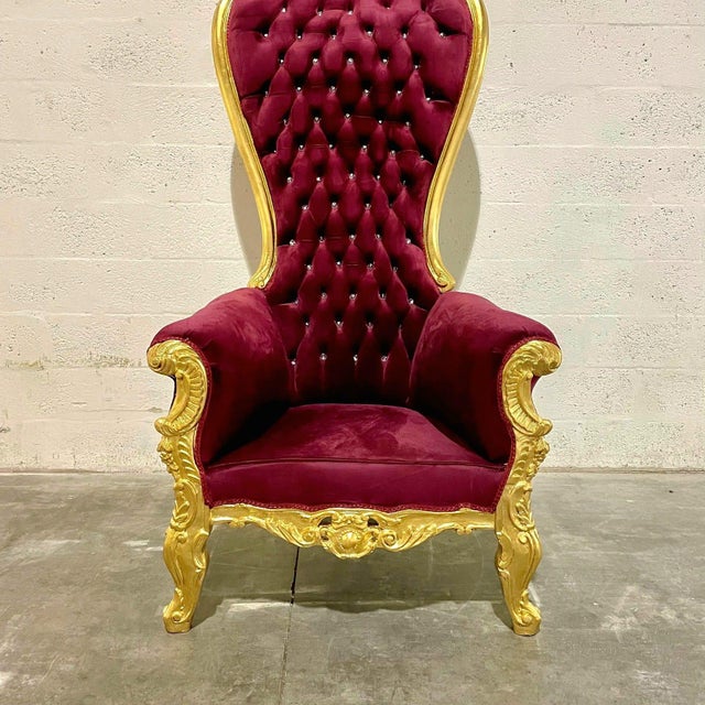 French Style Burgundy Velvet High-Back Tufted Gold For Sale - Image 4 of 7