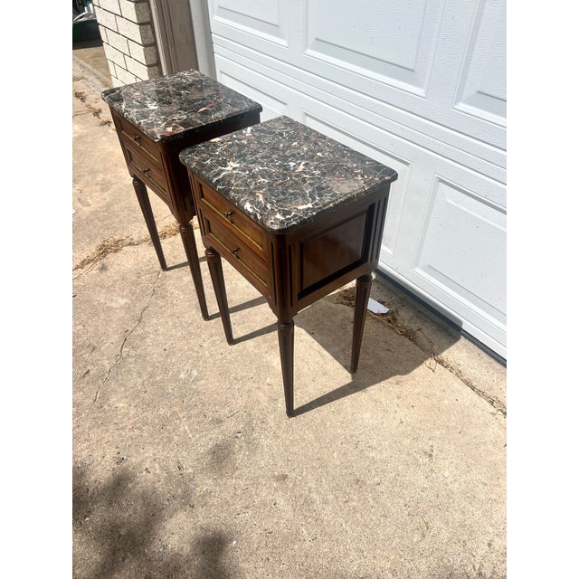 French 19th Century Louis XVI Pair of Walnut Marble Top Night Stands For Sale - Image 10 of 11