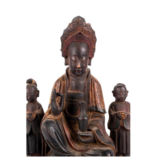 Wood 19th Century Chinese Qing Dynasty Carved Wood Guanyin Sculpture With Attendants For Sale - Image 7 of 8