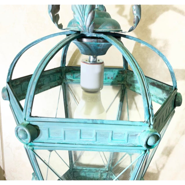 Vintage Style Solid Brass Verdigris Hanging Lantern - Restored & Rewired For Sale - Image 10 of 14