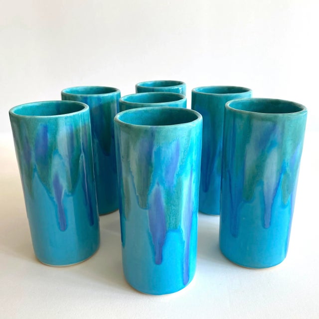 Vintage Mid Century Modern Dryden Studio Art Pottery Drip Glaze Ceramic Tumbler Cups - Set of 7 For Sale - Image 13 of 13