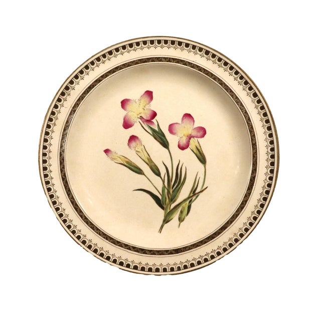 Wedgwood Creamware Botanical Specimen Plate With Pink Flowers and Brown Printed Border Dated 1862 For Sale In Philadelphia - Image 6 of 11