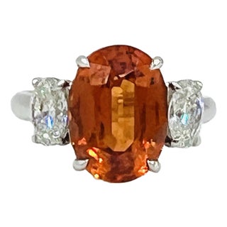 7.8 Carat Oval Mandarin Garnet & White Oval Diamond Ring in Platinum, Size 6.5 For Sale