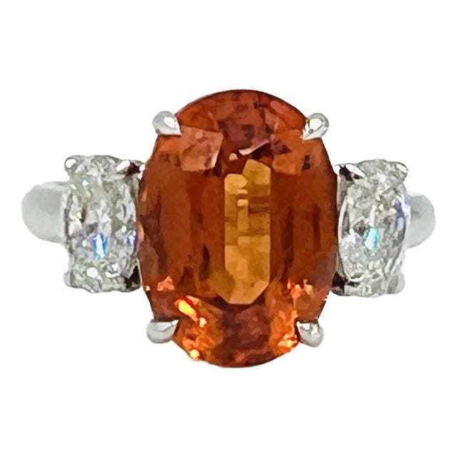 7.8 Carat Oval Mandarin Garnet & White Oval Diamond Ring in Platinum, Size 6.5 For Sale