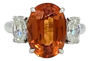 7.8 Carat Oval Mandarin Garnet & White Oval Diamond Ring in Platinum, Size 6.5
