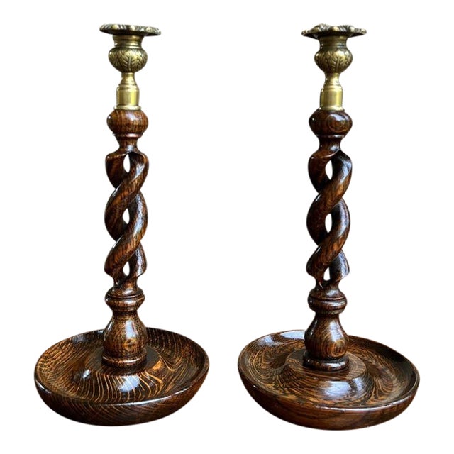 Antique English Oak & Brass Open Barley Twist Candlestick Holders a