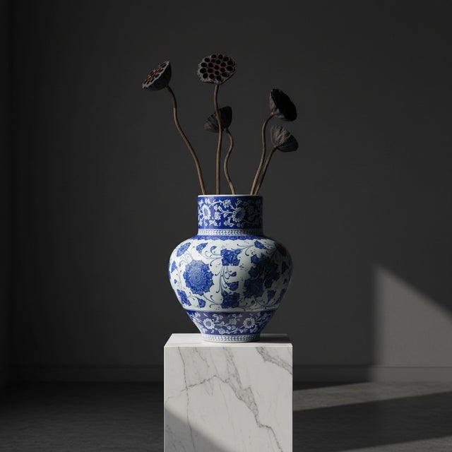 Handmade Ceramic Monumental Vase (50cm) Wide-Neck “Baba Nakkas” Blue & White Design – Grand Floor or Table Centerpiece For Sale - Image 10 of 10