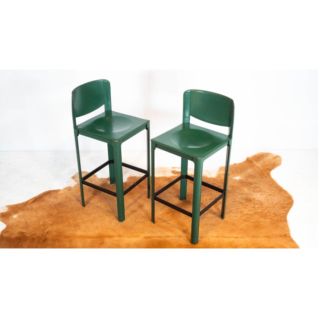 Mid-Century Modern 1980s Mid-Century Matteo Grassi Green Saddle Leather Sistina Counter Stools - A Pair For Sale - Image 3 of 16