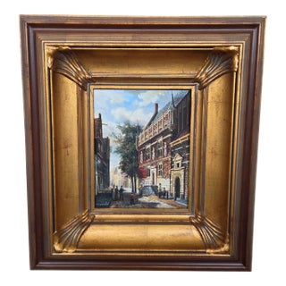 Late 20th Century P. Larson Realism European Cityscape Oil Painting on Board For Sale