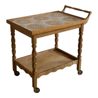 Vintage Danish Oak Tile Top Bar Cart / Serving Trolley in Style of Henning Kjærnulf 1970s For Sale