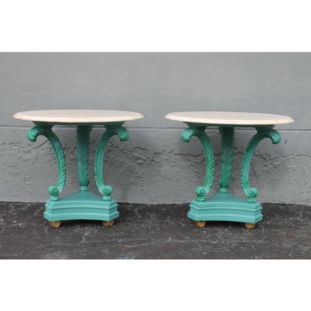 Art Deco 1920's Art Deco Marble Top Patinated Metal Feather/ Plume Side Tables a - Pair For Sale - Image 3 of 13