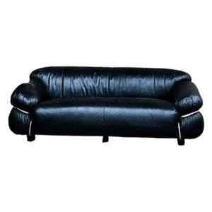 Vintage Sesann Two-Seater Sofa in Black Italian Aniline Leather by Gianfranco Frattini for Cassina, 1972